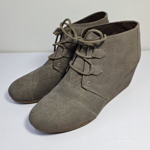Toms Kala Wedge Heel Gray/Gold Glitter Round Toe Ankle Booties Women's Size 10
